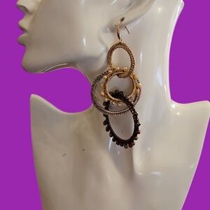 Elegant Interlocking Circle Hoops Macrame Crystal Beaded Dangle Earrings